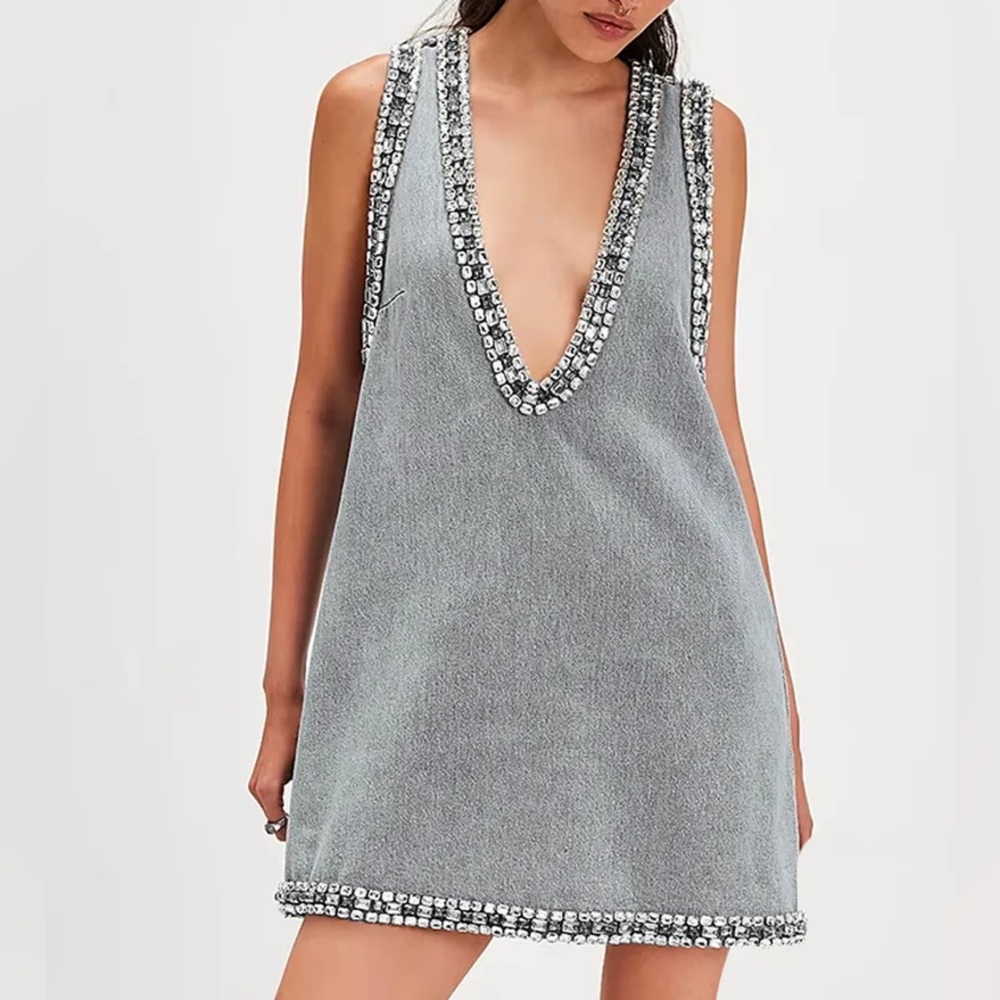 Crystal Embellished Denim Low Cut Mini Dress